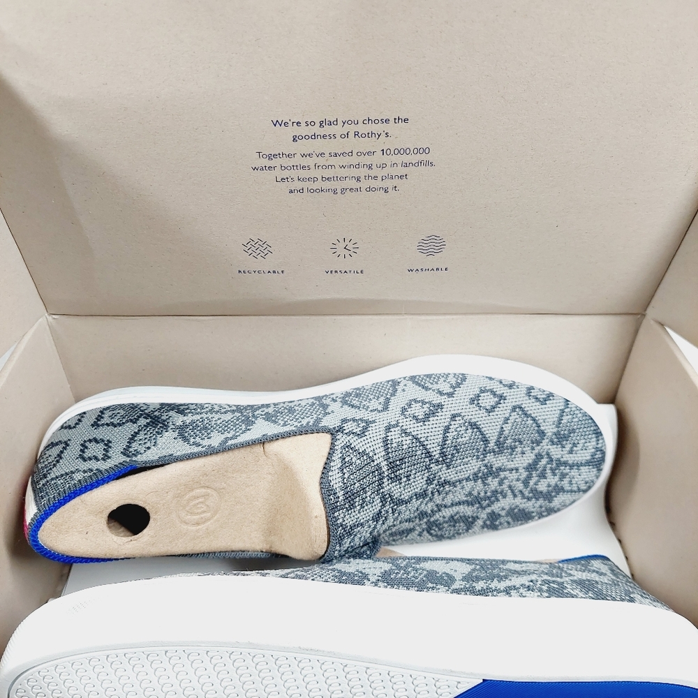 Rothy's Gray Patterned Slip-On Sneakers with Tan Collar and Blue Trim - Picture 8 of 9